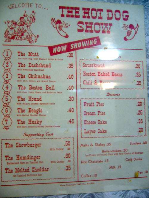 papoo's hot dog menu 1949 RetroRoadmap.com