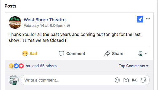 West Shore Theatre Closed 2018