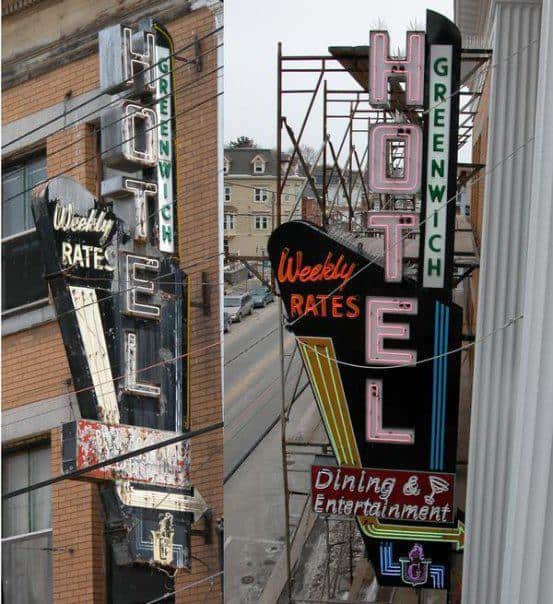 Greenwich Hotel and Lounge Neon Sign Before and After