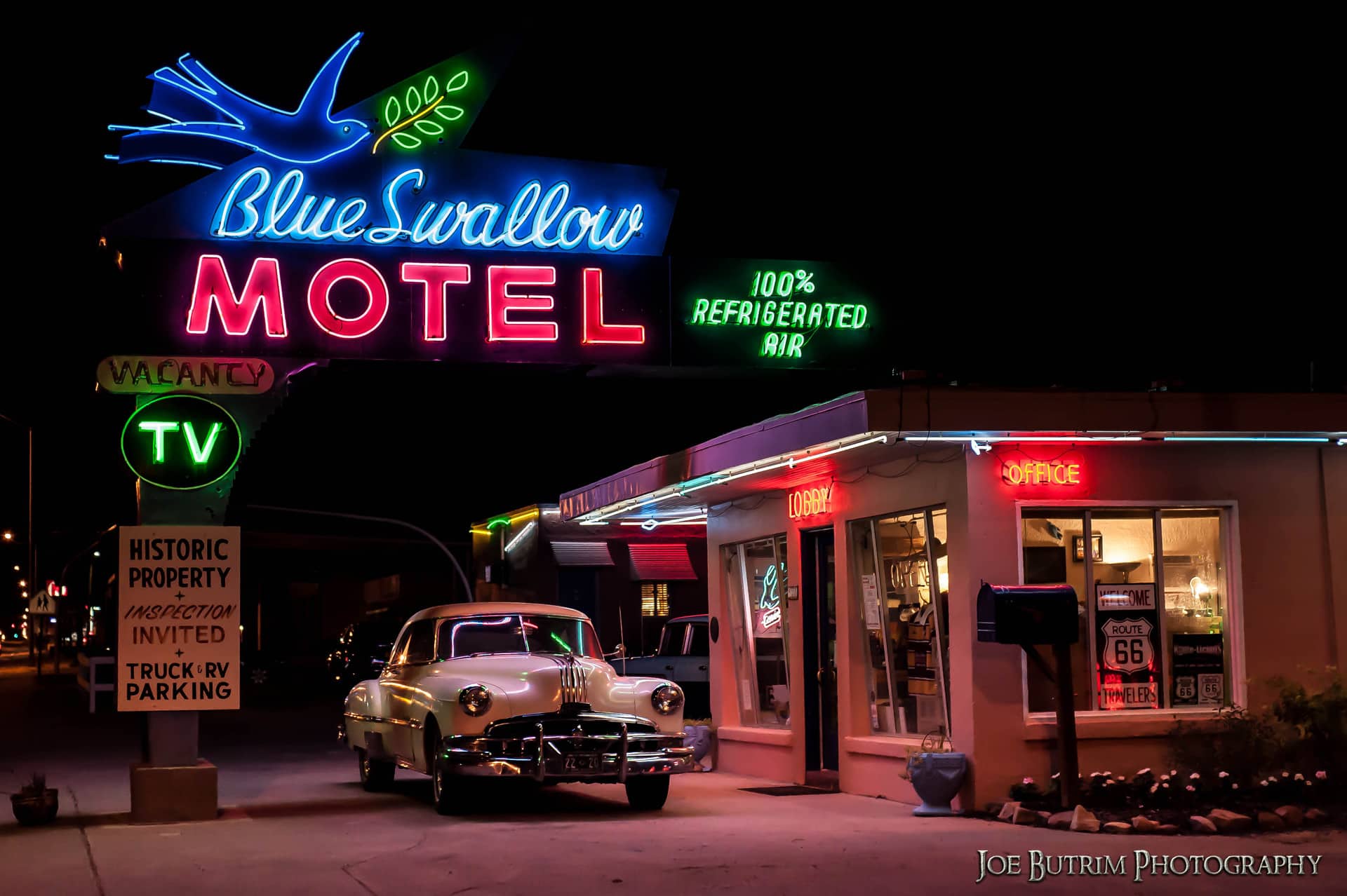 Blue Swallow Motel Night Route 66 Joe Butrim Photograph
