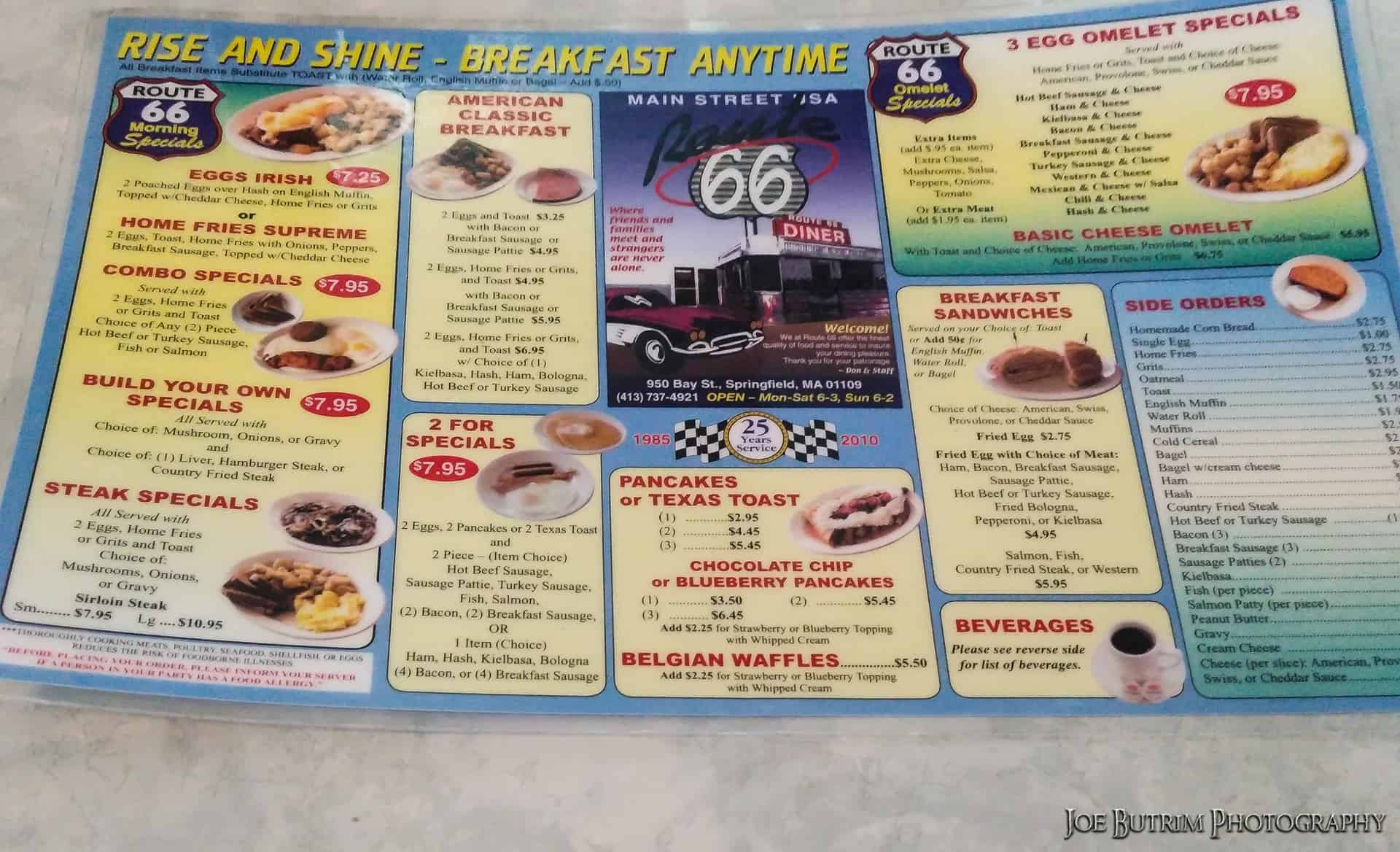 Route 66 Diner Springfield MA Photo by Joe Butrim Menu