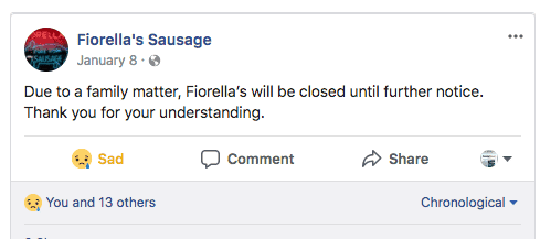 Fioerella's Sausage Philadelphia 2018 Facebook Post